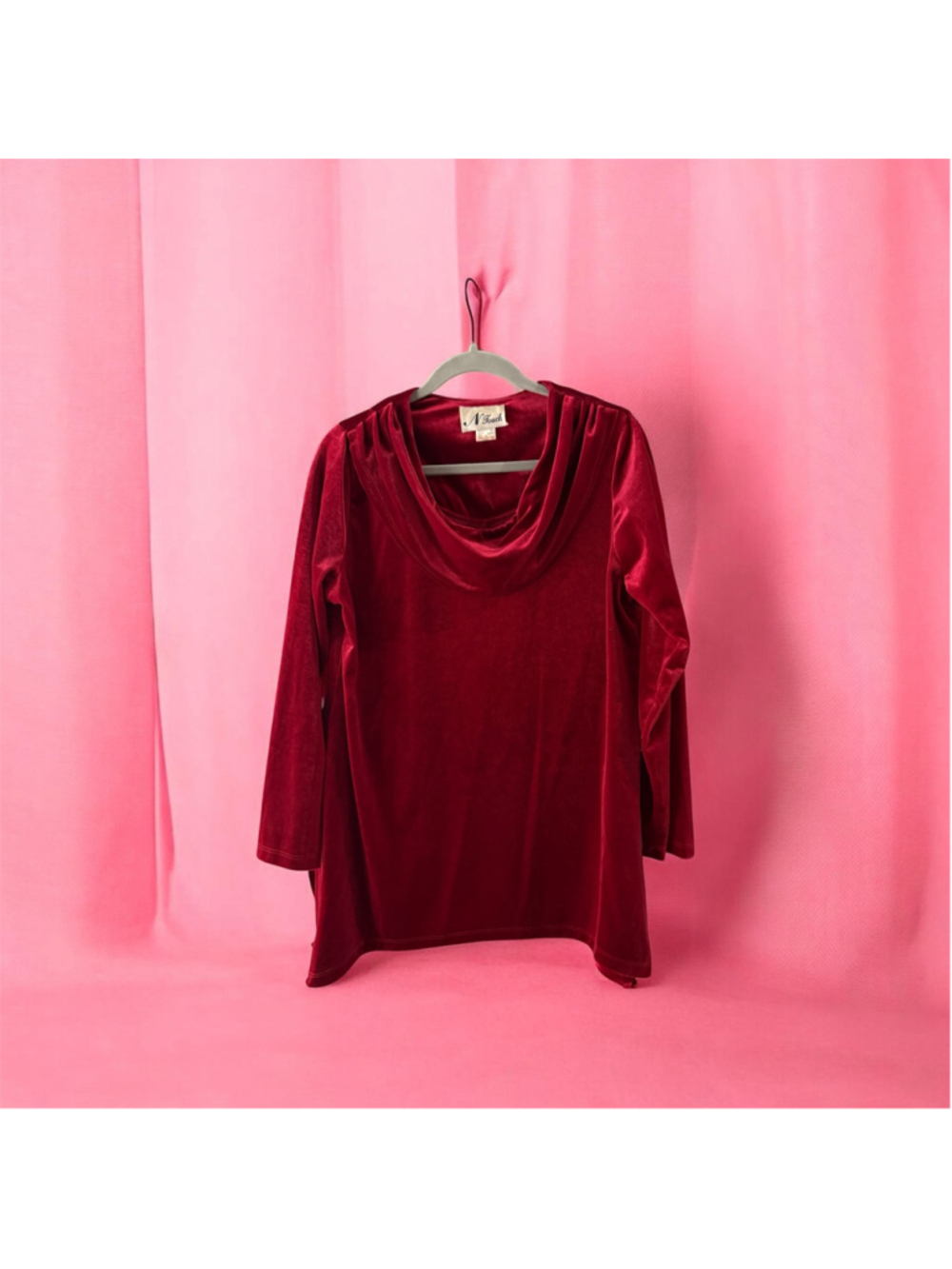 Women's N Touch Red Velvet Cowl Neck Long Sleeve Blouse Size S